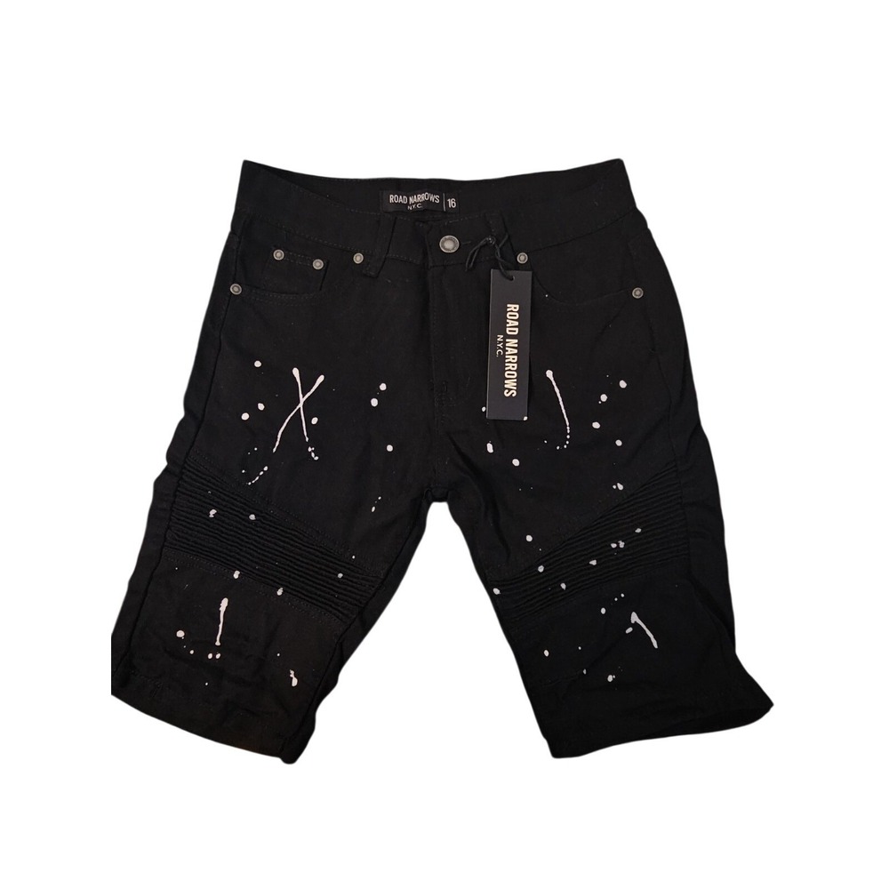 ROAD NARROWS NYC Boys long/bike/skate‎ shorts Black Paint Splatter NWT Sz16